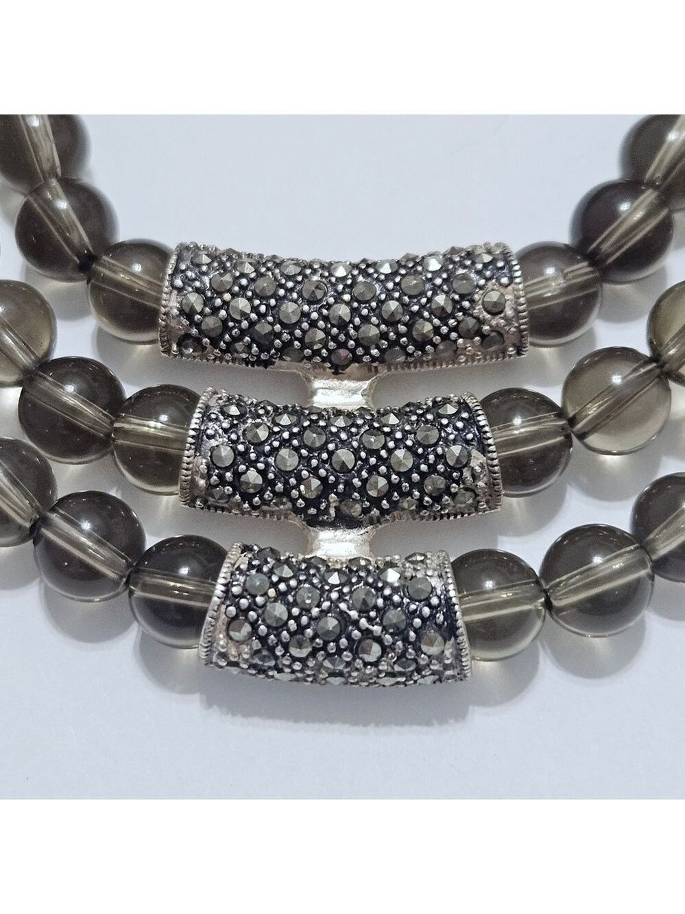 Vintage Triple Strand Natural Smoky Quartz .925 Sterling Silver Necklace - Picture 6 of 7